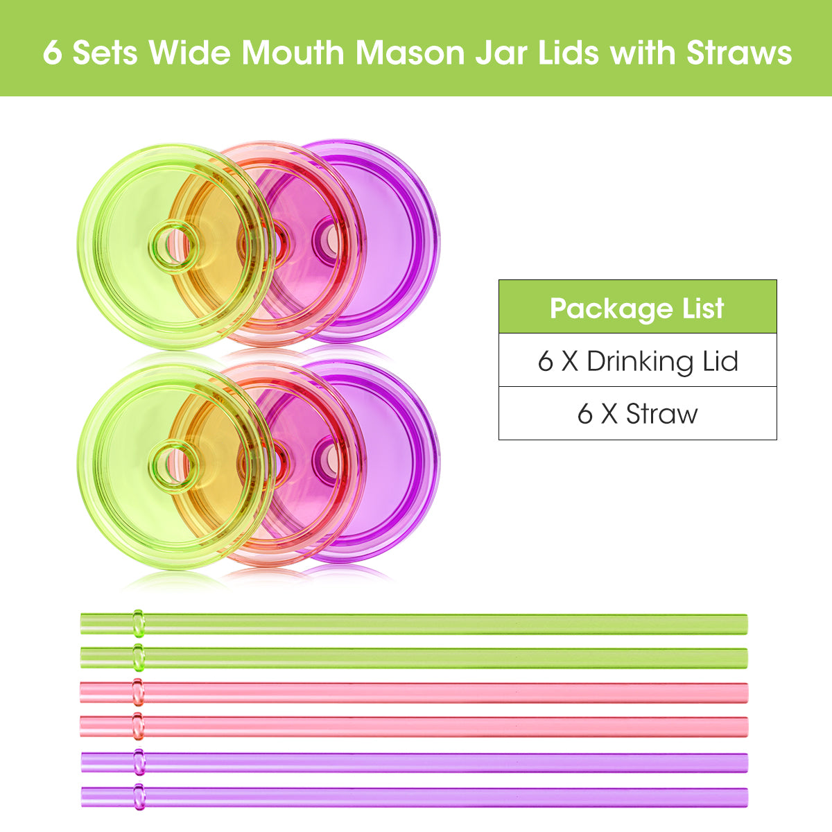 6 sets wide mouth mason jar lids with straws