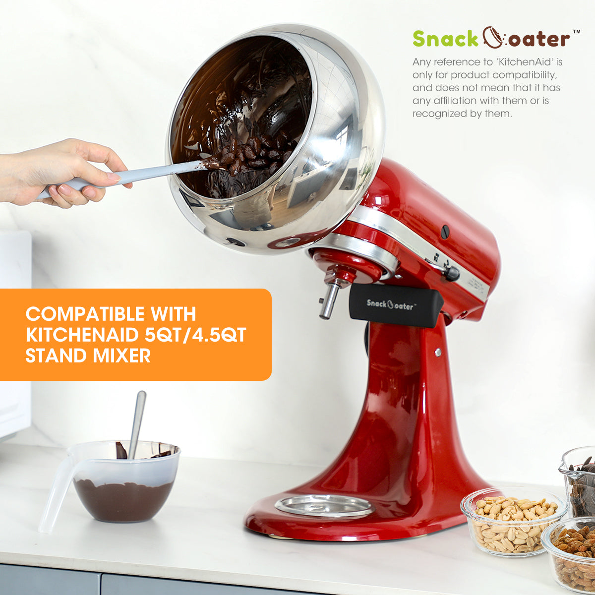 Snack coater compatible with Kitchenaid 5QT/4.5QT Stand Mixer.