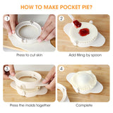 how to make pocket pie:1.press to cut skin. 2.add filling by spoon. 3.press the molds together. 