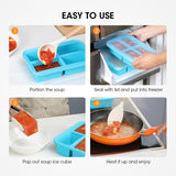 easy to use: portion the soup, seal with lid and put into freezer, pop out soup ice cube, heat it up and enioy