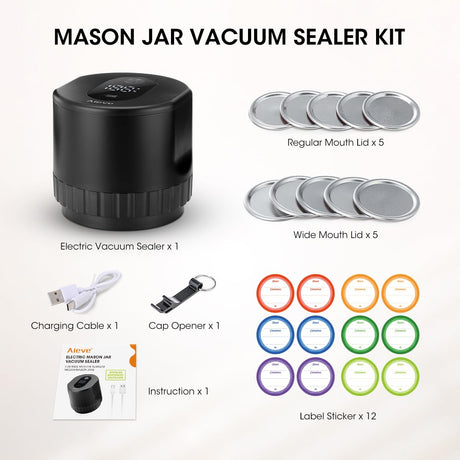 Package Content: Mason jar vacuum sealer kit include: Vacuum sealer x 1, canning lid(wide & regular) x 10, cap opener x 1, type-c charging cable x 1, label sticker x 12, Instruction manual x 1. 