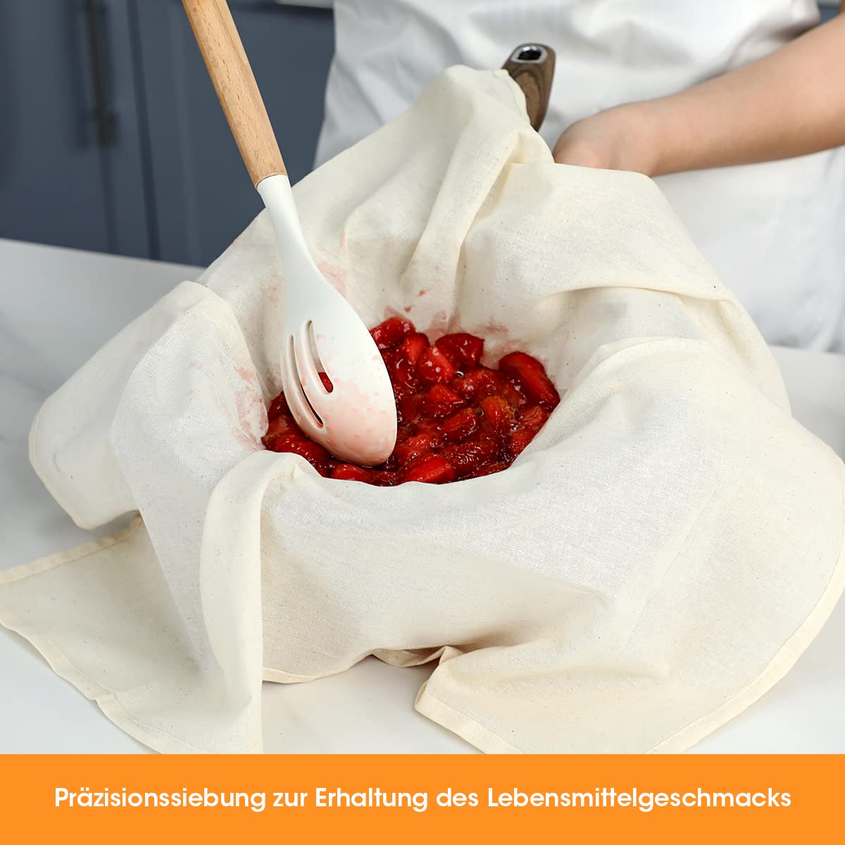  The straining cloth is made of high-quality cotton with a soft surface, comfortable to the touch and has a high tear-resistance. The strainer cloths are tasteless and unbleached.