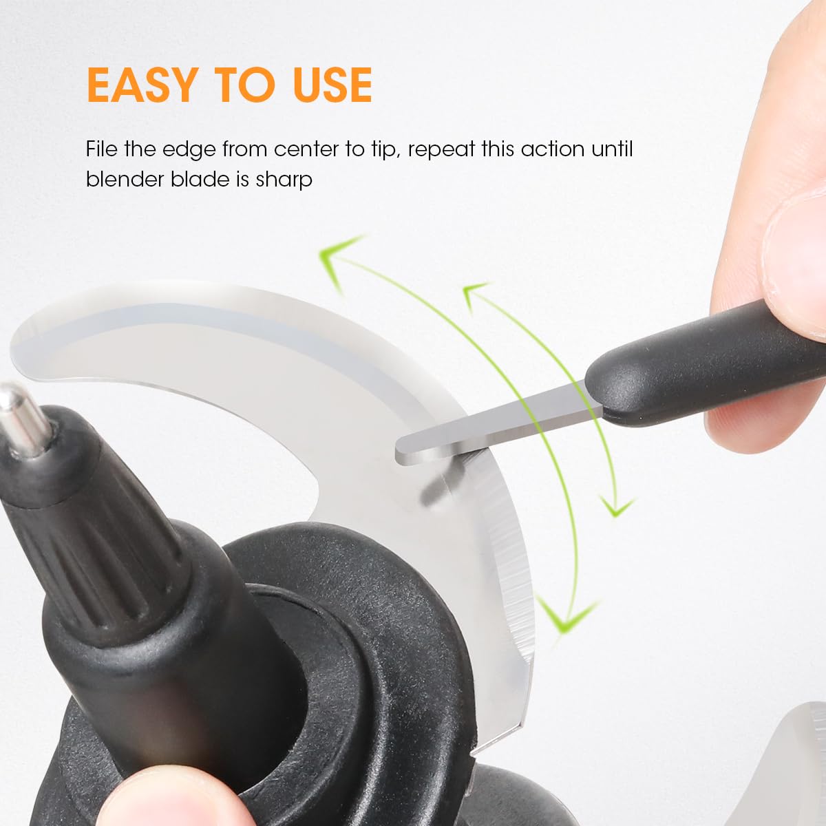 easy to use, file the edge from center to tip, repeat this action until blender blade is sharp