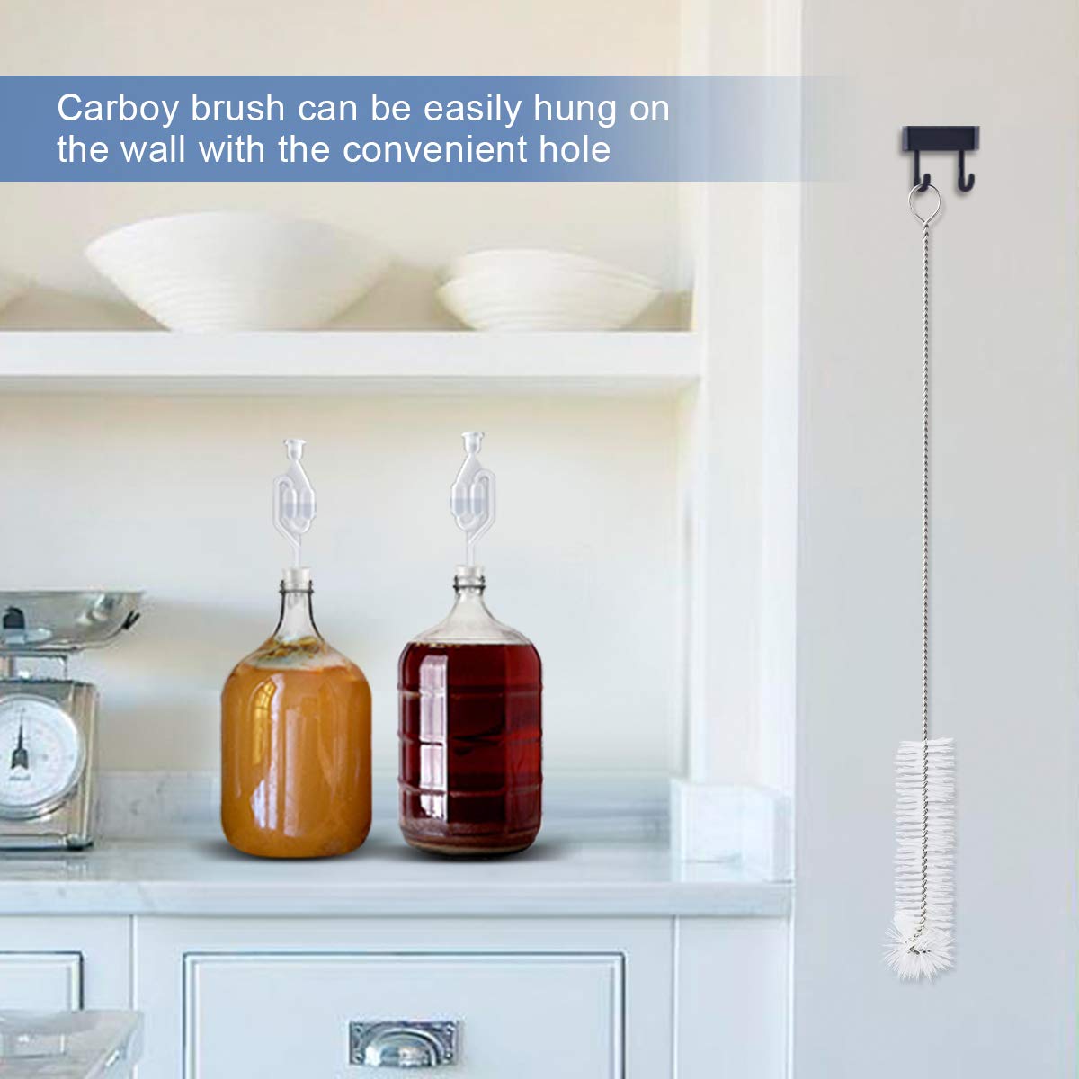 Carboy brush can be easily hung on the wall with the convenient hole
