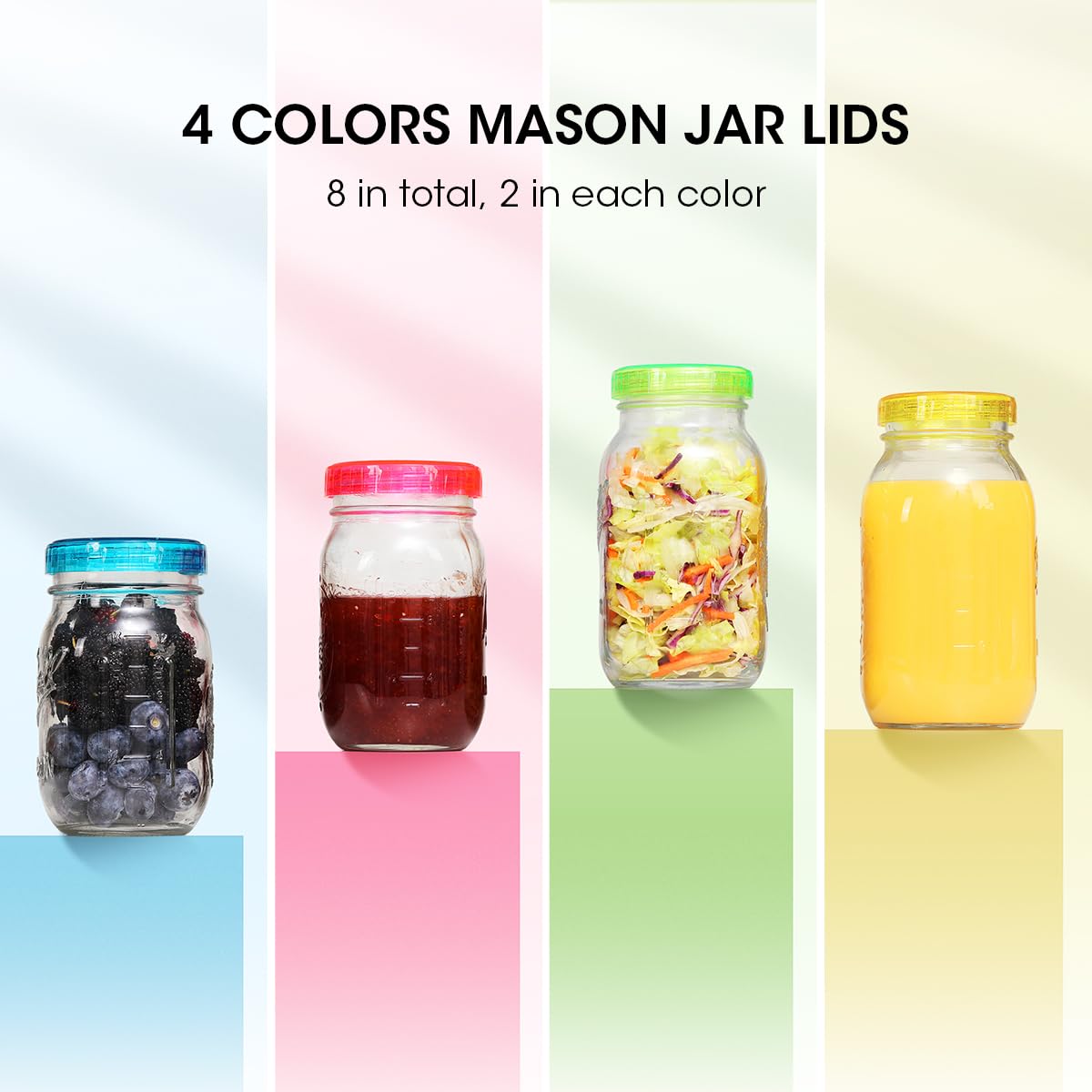 4 colors manson jar lids: Blue, Pink, Green, Yellow