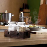 The wooden caddy of glass salt shaker set is made from high-quality wood that's built to last, perfect for kitchen storage and decoration.