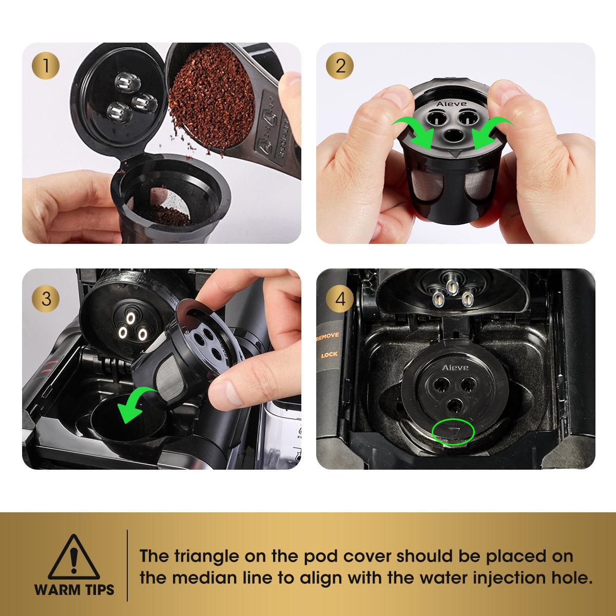 How to use reusable k cup - the triangle on the pod cover should be placed on the median line to align with the water injection hole